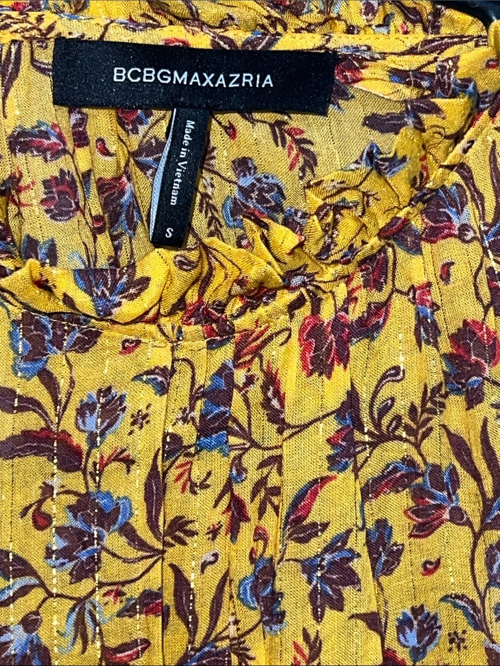 BCBGMaxAzria Yellow Floral Pleated Midi Dress with Blue & Burgundy Print